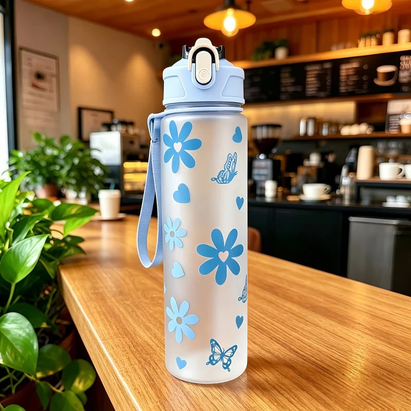 750ML Matte PC Water with Cute Bowknot Pattern Leakproof Includes Straw and Carry Handle Spring-Loaded Lid Bottle