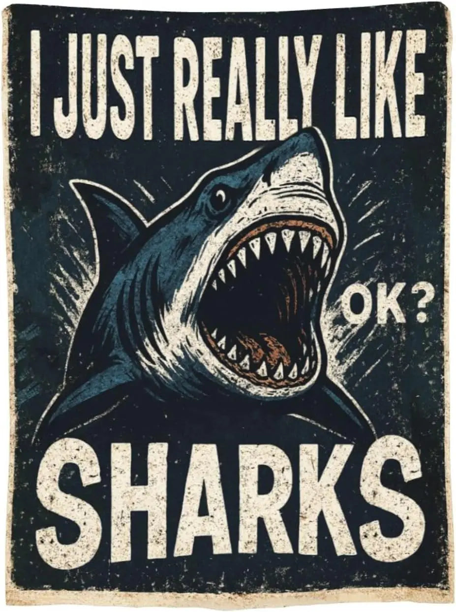 Vintage Grunge Great White Shark Letter Print Flannel Throw Blanket, Soft Warm Sofa Cover, Ocean Gift For Bedroom Daily Rest Use