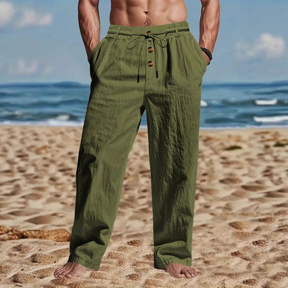 Men's Cotton Linen Long Pants Summer Solid Color Breathable Linen Trousers Male Casual Elastic Waist Casual Pants  Men ﻿