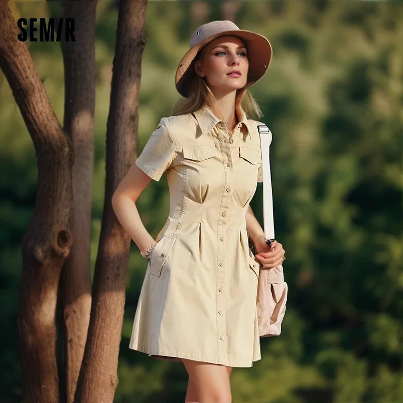 Semir Dress Women Waisted Dress Vintage 2024 Summer New Melad Solid Colour Short