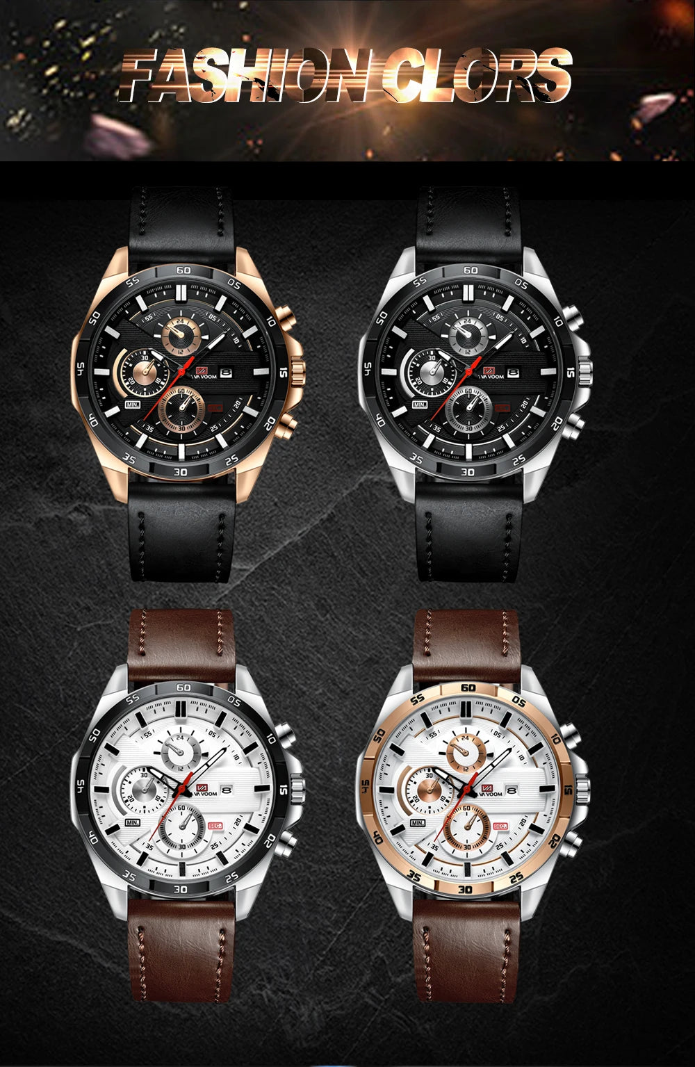 Man Sports Watches Fashion Racing Series 46mm Black Leather Clock VA VA VOOM Quartz Movement 3Bar Waterproof Wrist Watch for Men