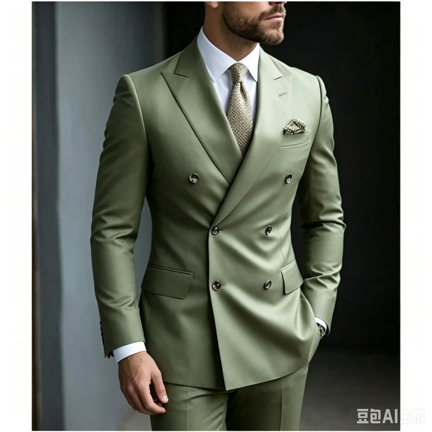 Sage Green Men's Wedding Suits Solid Color 2 Piece Daily Double Breasted Six-buttons Blazer Pants Formal Business Suit Set