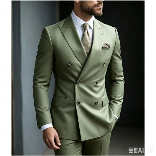 Sage Green Men's Wedding Suits Solid Color 2 Piece Daily Double Breasted Six-buttons Blazer Pants Formal Business Suit Set