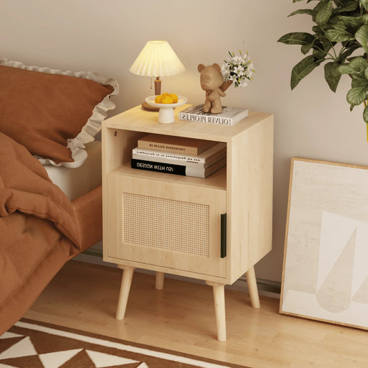 Nightstand with Door and Open Shelf Rattan Bedside Table for Compact Bedrooms Apartments