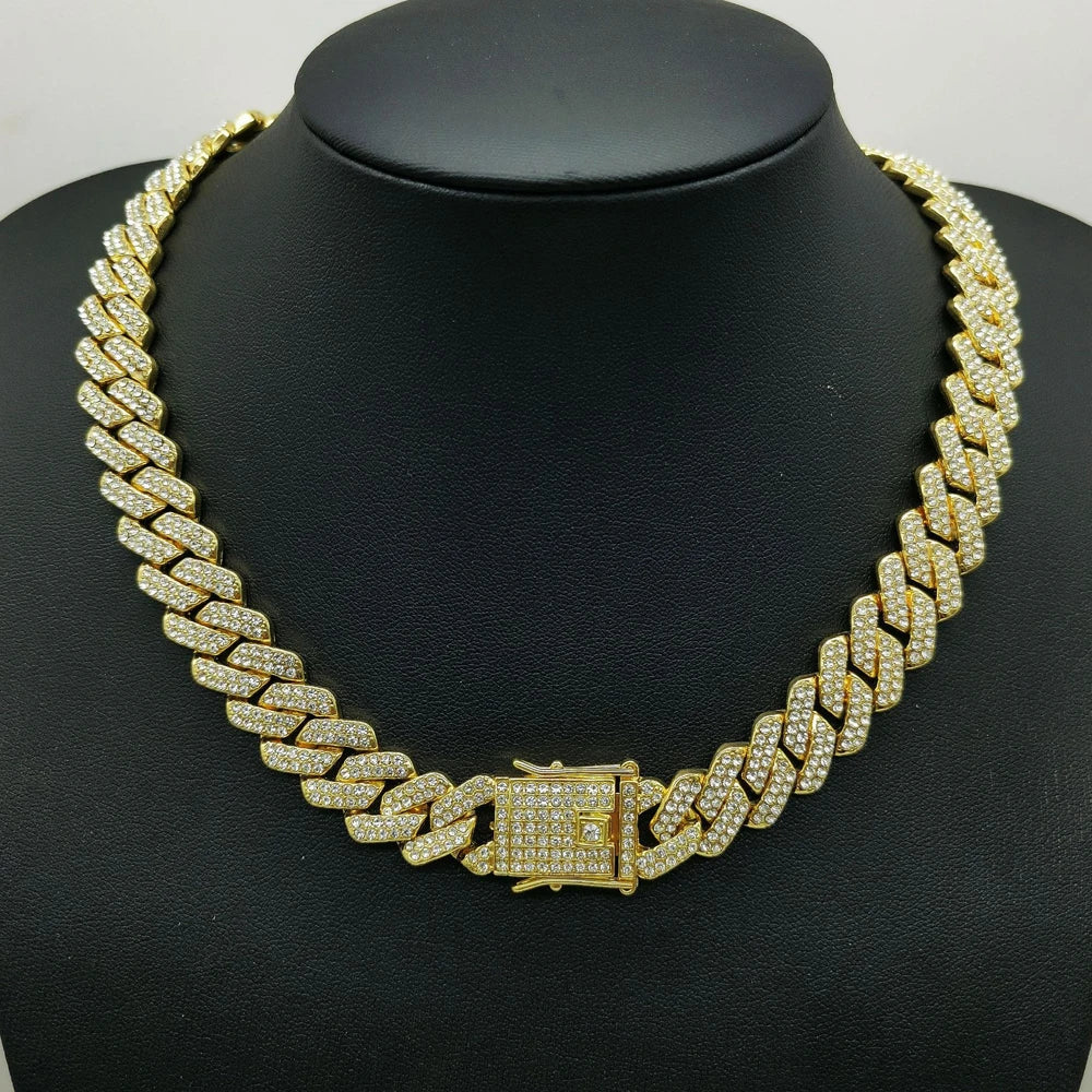 Fashion Men Cuban Link Iced Out Necklace 14MM width Rhinestones Chain Rapper CZ Cuban Chain Necklace Hip Hop Birthday Jewelry