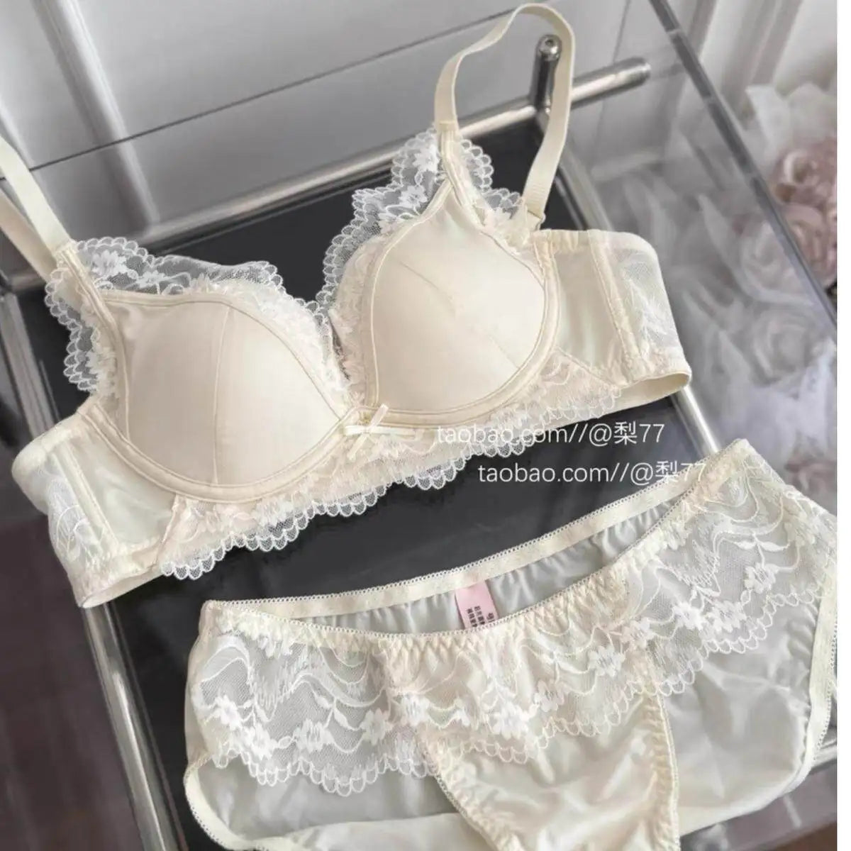 French Style Lace Satin Splice Bra Set Women Small Chest Gathered Lift Up Comfortable Soft Daily Underwear Lingerie Suit 32-38AB