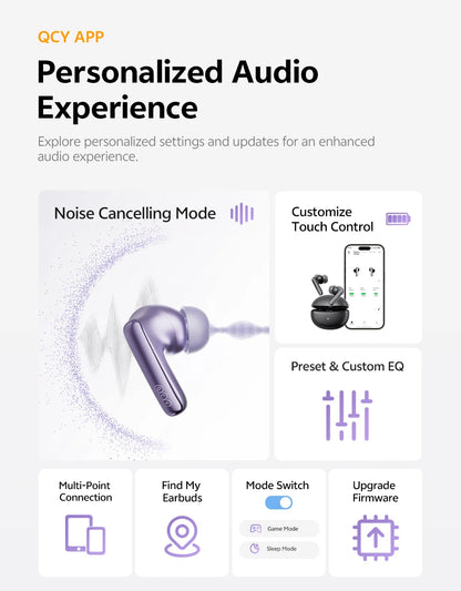QCY MeloBuds N70 Adaptacyjne ANC Bezprzewodowe słuchawki douszne Bluetooth 6.0 LDAC Hi-Res Audio 6 mikrofonów Ładowanie bezprzewodowe Słuchawki 50 godzin IPX5