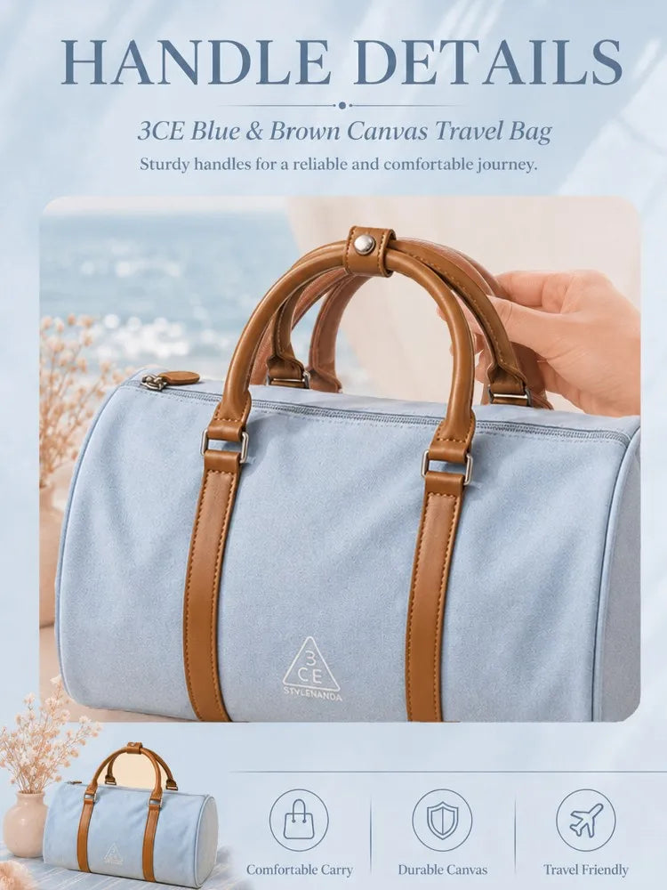 3CE Blue & Brown Color-Block Canvas Travel/Makeup Bag – Suitable for outdoor trips; spacious enough to store various cosmetics