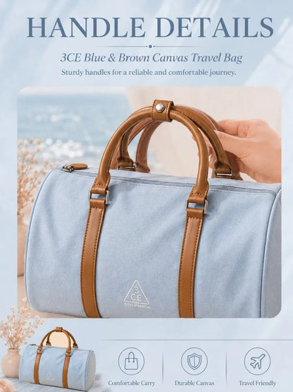 3CE Blue & Brown Color-Block Canvas Travel/Makeup Bag – Suitable for outdoor trips; spacious enough to store various cosmetics