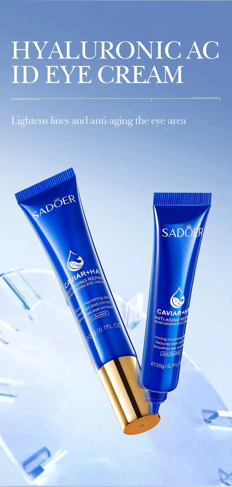 Caviar Eye Bag Removal Cream Hyaluronic Acid Anti-Wrinkle Firming Skin Fade Fine Lines Anti Dark Circle Puffiness Eye Care 20g