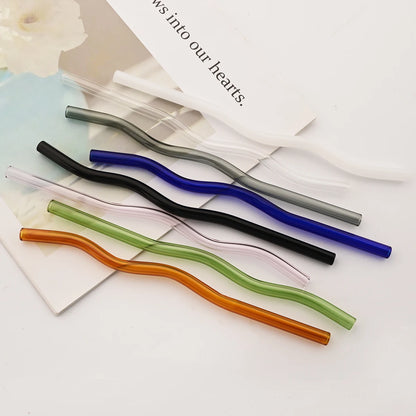 4pcs 200*8mm Glass Straws Wavy Colorful Drinking Straw Set with Brush High Borosilicate Glass Straw Kitchen Party Bar Drinkware