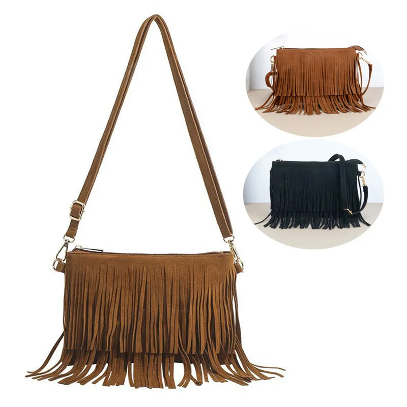 Vintage Tassel Crossbody Bags, Women's Versatile Shoulder Bag, Boho Style Fringe Square Purse, Ladies Handbags For Gift