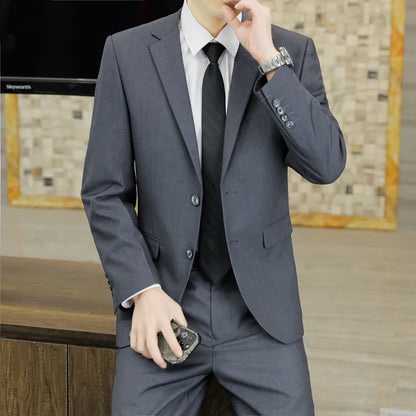 S-6XL Suit (Blazer+Trousers) Men's Gentlemanly Wedding Fashion Business Fit Best Man Casual Host Solid-color British-style Suit