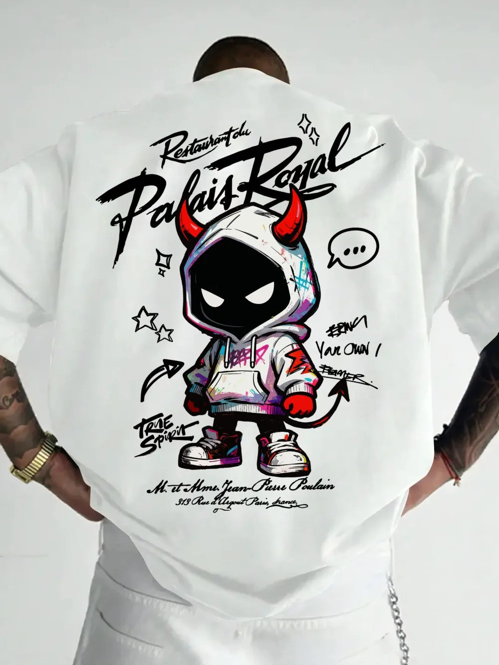 American men's summer personalized small devil letter print comfortable and breathable round neck T-shirt outdoor street top