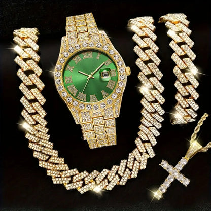 4PCS Luxury Rhinestone Men Quartz Watch Hip-pop Jewelry Set Fashion Roma Dial Calendar Quartz Wristwatch（Without Box）