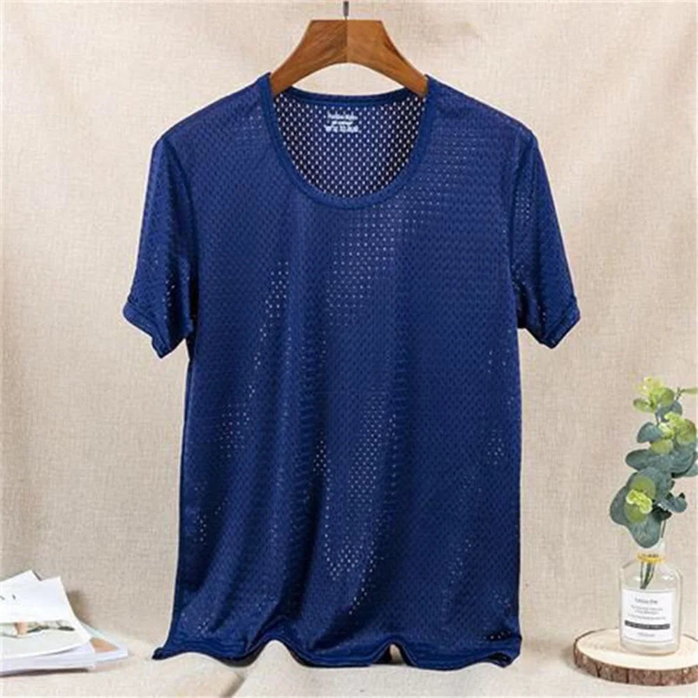 Men's Ice Silk Mesh Vest O-Neck Lightweight Sports Summer Wear Sleeveless T-shirt Tank Top Casual Fashion Outerwear