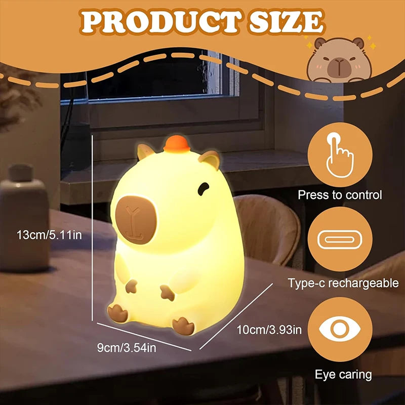 Cute Capybara Night Light Children's Silicone Nightlight Gift USB Rechargeable Animal Touch Bedside Sleep Lamp Decoration