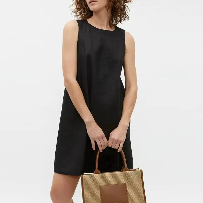 Classic Solid Color Cotton-Linen Women's Dress New Arrival Simple Sleeveless Tank Dress Casual Round-Neck Summer Dresses