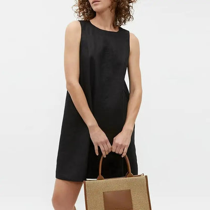 Classic Solid Color Cotton-Linen Women's Dress New Arrival Simple Sleeveless Tank Dress Casual Round-Neck Summer Dresses