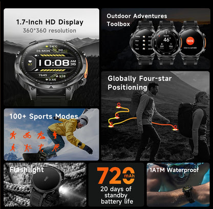 LIGE 2026 Nowy Męski Wojskowy Zegarek Smartwatch GPS Mapa Kompas Pamięć 4GB Bateria 1000mAh Wodoodporność 10ATM Rozmowy Bluetooth HD