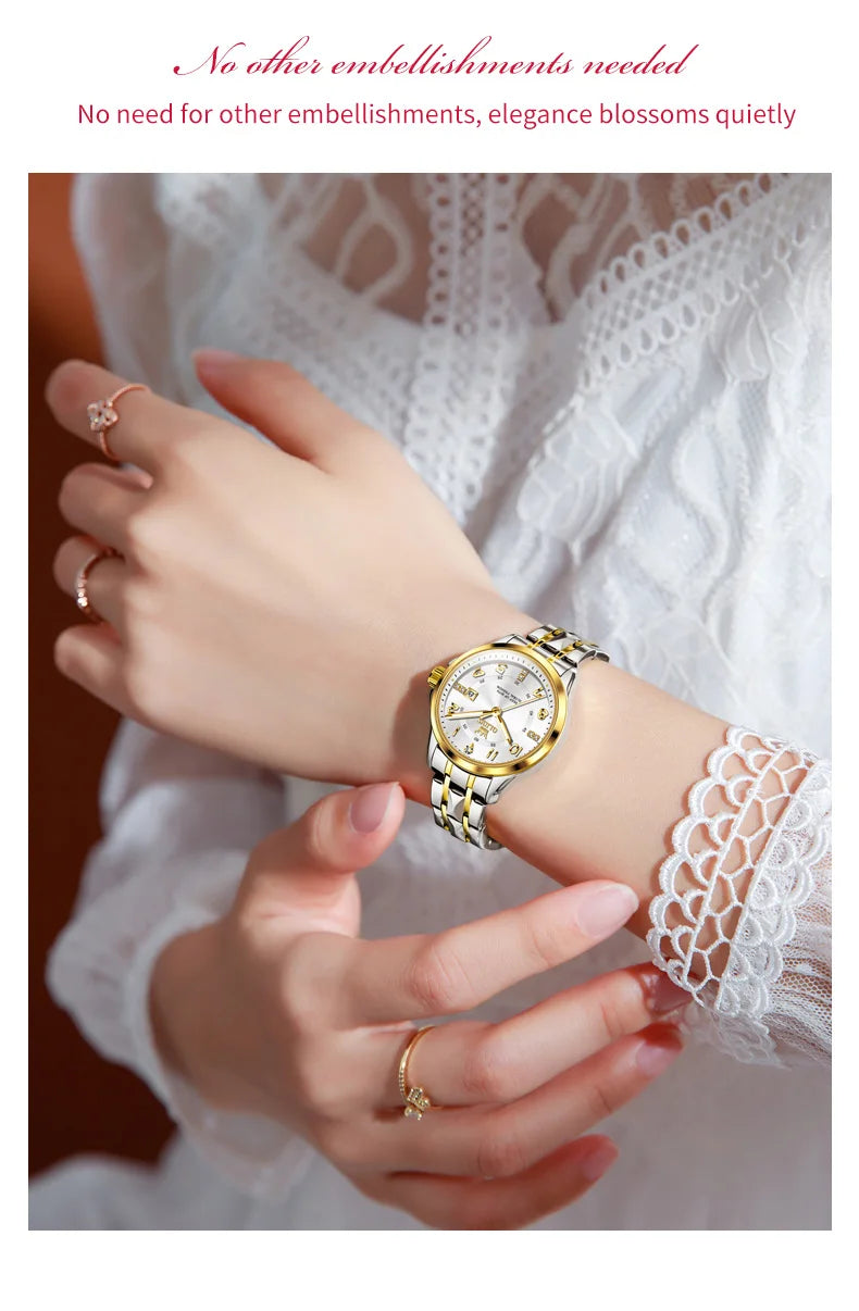 OLEVS 2910 Original Quartz Watches for Women Rhombus Steel Strap Waterproof Luminous Calendar Elegant Luxury Ladies Wristwatches