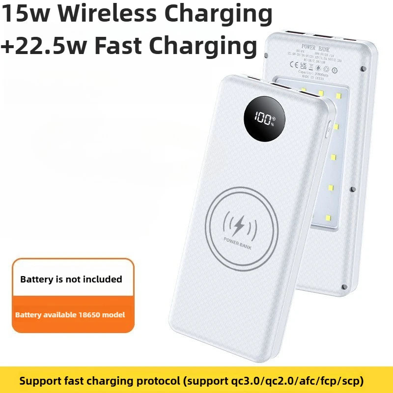 22.5W Fast Charging & Wireless Charging 18650 Battery Power Case - 8x18650 Battery Holder with Outdoor Camping LED Light