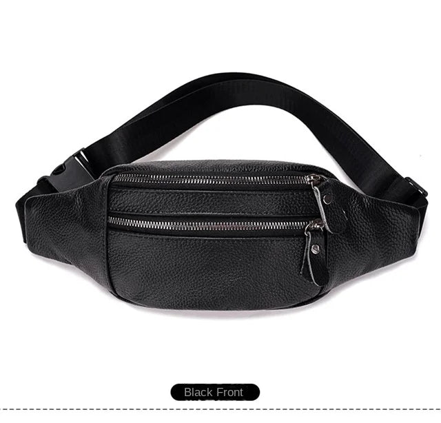 Men's Genuine Leather Chest Bag Double Zipper Cowhide Fanny Pack Casual Crossbody Sling Bag for Daily Commute & Travel