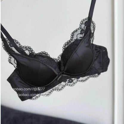 French Style Lace Satin Splice Bra Set Women Small Chest Gathered Lift Up Comfortable Soft Daily Underwear Lingerie Suit 32-38AB