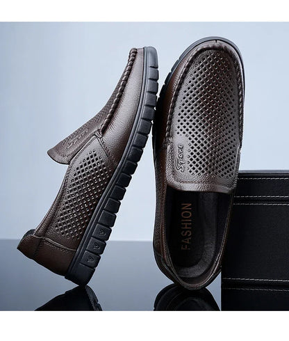 Men's Slip-On Loafers Summer Hollow Out Breathable Casual Shoes Comfortable Soft Sole Anti-Slip Leather Shoes-8822