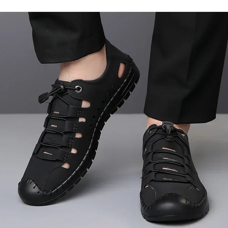 Men's Summer New Hollow out Breathable Leather Sandals Outdoor Anti-Slip Soft Bottom Casual Cover Toe Slip-On Shoes-8025