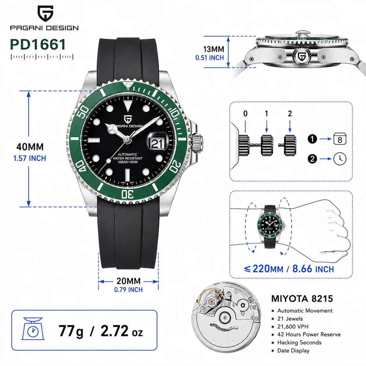 PAGANI DESIGN Men Watches Automatic Watch Mechanical Watch Sapphire Glass Stainless Steel Luminous Date Reloj Hombre Luxury Wris