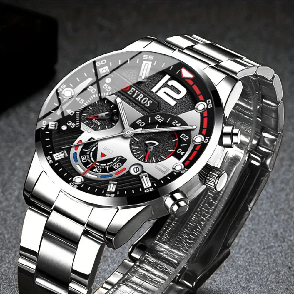 2 PCS/set  Men's Watches Fashion Sports Quartz Alloy Dial Strap Round Dial Quartz Movement Display Date Best Choice for Gift!