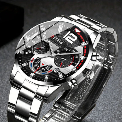 2 PCS/set  Men's Watches Fashion Sports Quartz Alloy Dial Strap Round Dial Quartz Movement Display Date Best Choice for Gift!