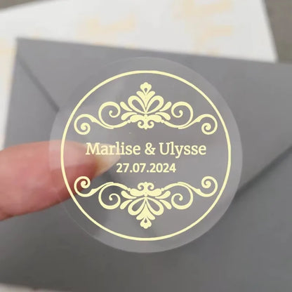 50pcs Custom Transparent Wedding Stickers, Square Transparent Stickers, Personalized Wedding Stickers with Gold Foil Labels