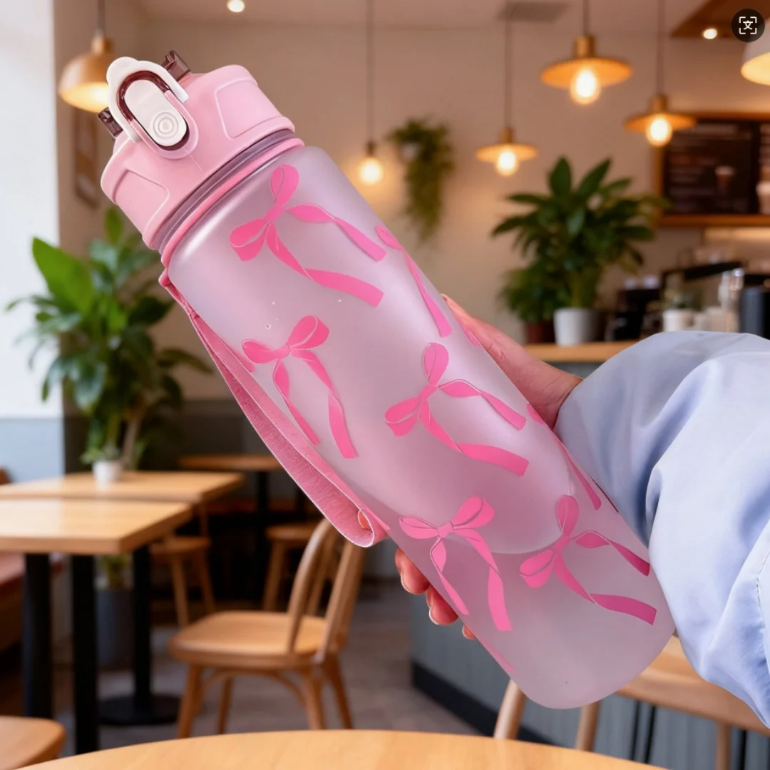 Water Bottle with Full Print of Flowers and Bowknot Patterns, Trendy & Stylish, Lightweight with Portable Lanyard, Durable