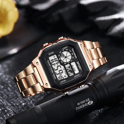 YIKAZE Luxury Men's Business Watch Stainless Steel Strap Men Digital Watch Luminous Multifunction Sports Electronic Wristwatch