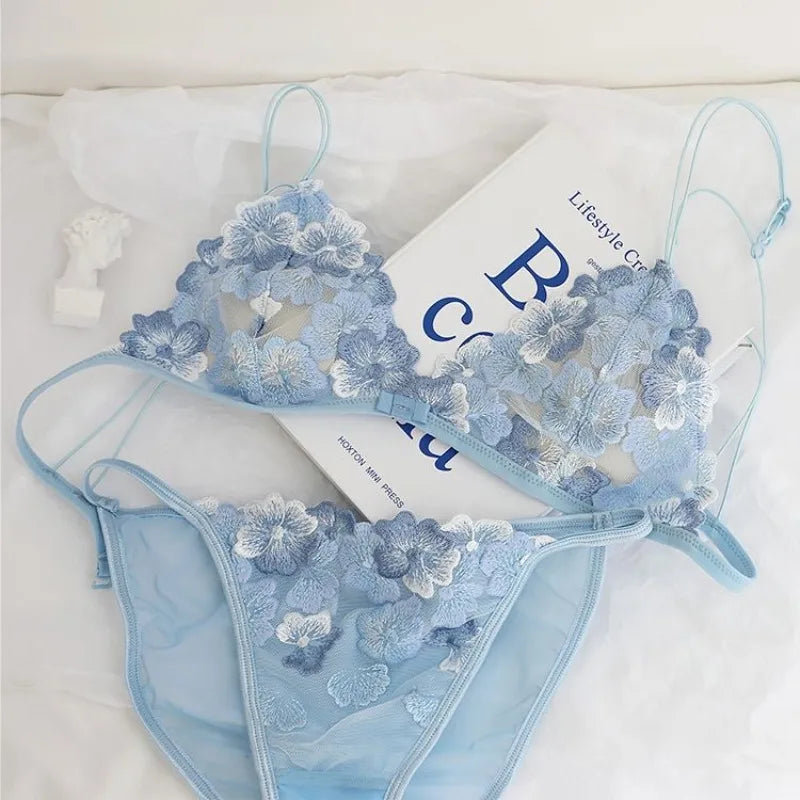 French Lace Bralette Small Bust Women Wireless Ultra Thin Sexy Embroidery Mesh No Underwire Push Up Comfort Bra Set BANERDANNI