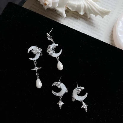 Fashion Asymmetric Shiny Star Moon Drop Earrings for Women Exquisite Metal Crystal Pearl Earrings Aesthetic Jewelry Accessories