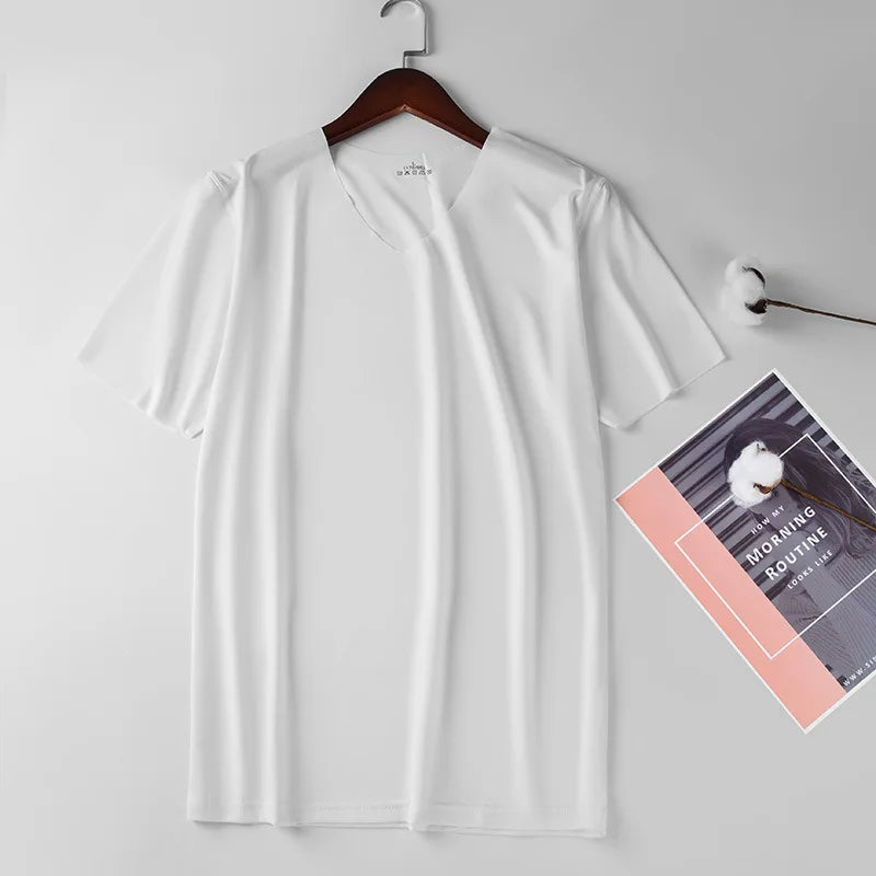 1pcs Men T-shirts Ice Silk Traceless Slim T Shirt For Man Seamless Casual V-neck Short Sleeve Tee Male Summer Thin Clothing Tops