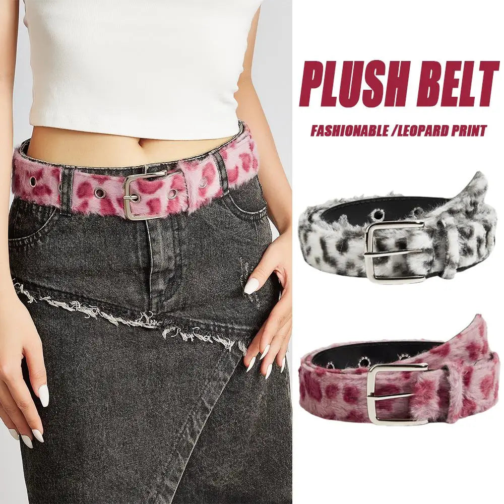 Retro Leopard Print Faux Fur Belt Y2k Pink Fur Belts Punk American Sexy Women's Waistband Winter Fluffy Waist Belt Accessories