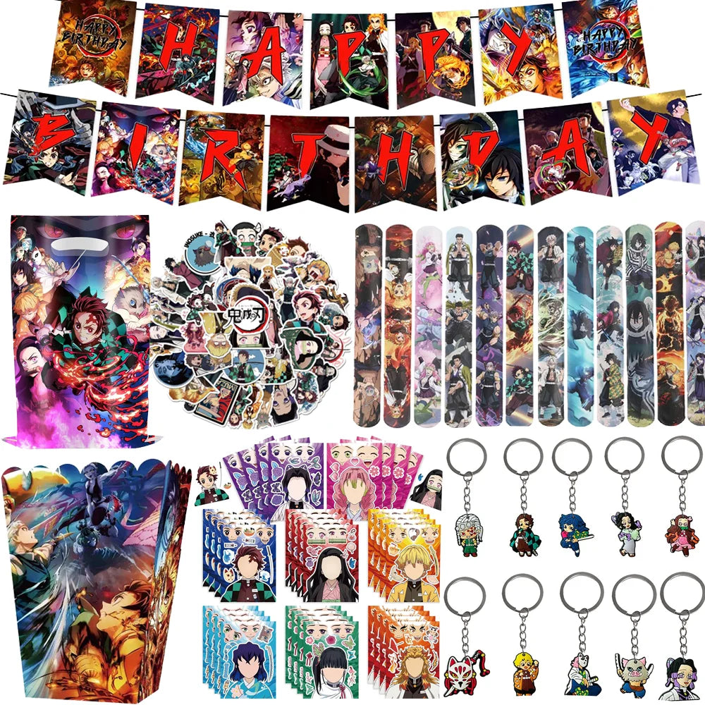 Anime Demon Birthday Theme Gifts Bags Keychain tattoo sticker Demon Slayer Candy Bags Packaging Giveaway Party Favors Gifts Supp