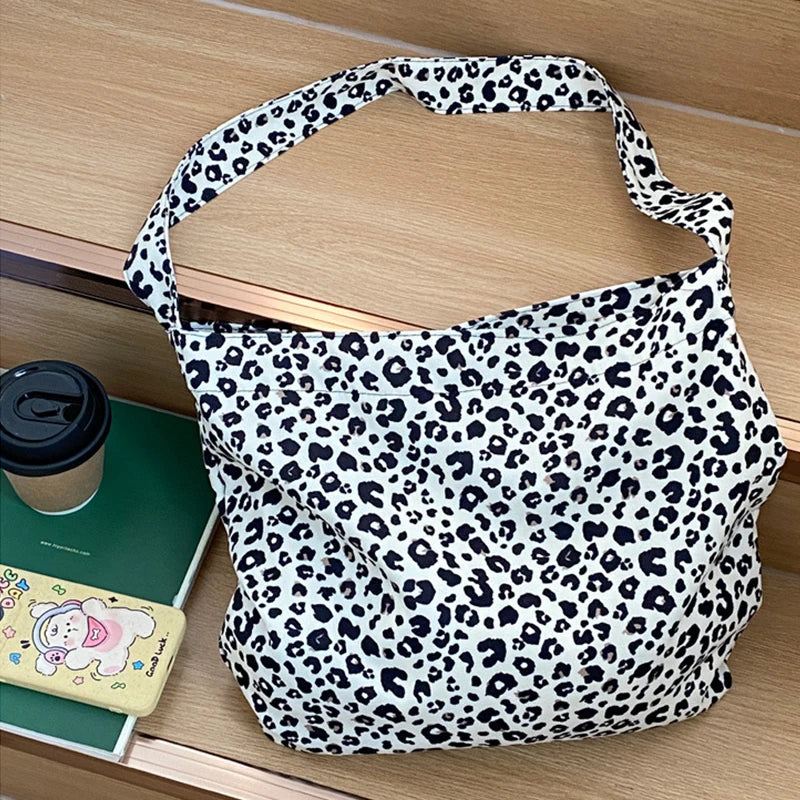 Female Leopard Print Messenger Bag Modern Shoulder Canvas Bag Student Diagonal Large Capacity Straddle Bag