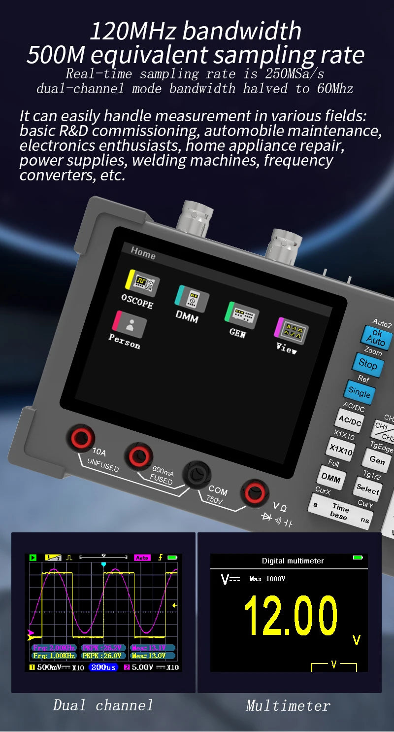ZEEWEII DSO3D12 3.2 Inch Desktop Digital Oscilloscope 120M Bandwidth Dual Channel Multimeter and Signal generator 3 in 1