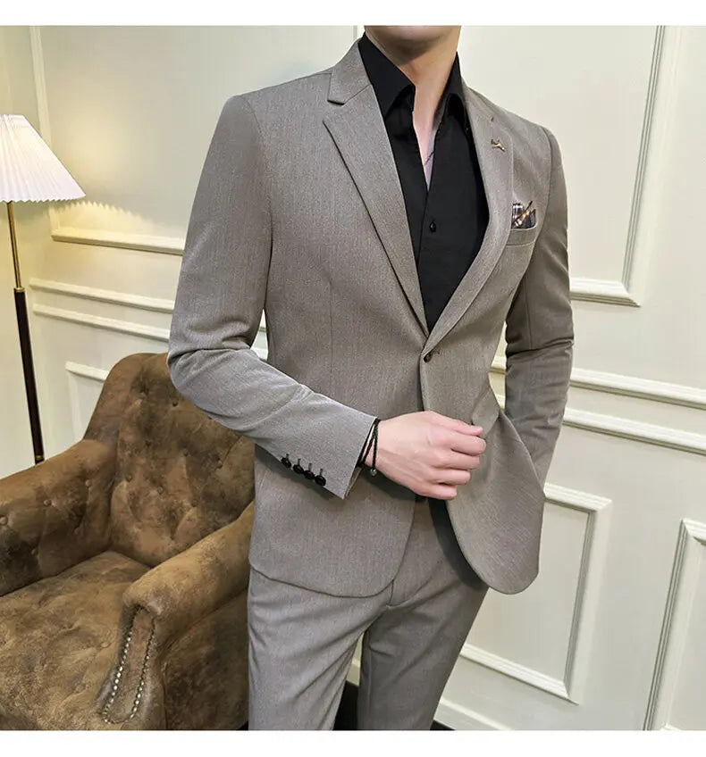 High quality Korean slim fit (suit + trousers) Fashion business handsome casual solid color wedding suit two-piece set