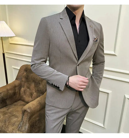 High quality Korean slim fit (suit + trousers) Fashion business handsome casual solid color wedding suit two-piece set