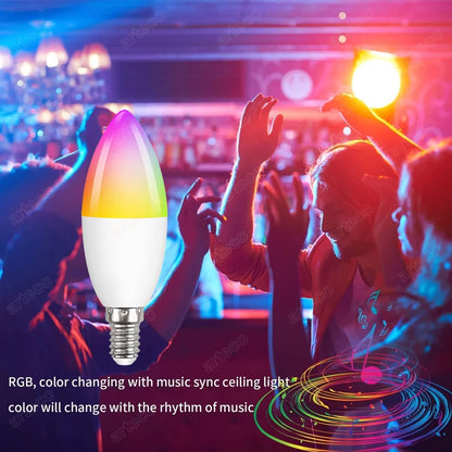 Tuya E14 Candle Lamp Smart Life App Control Smart Bulb WiFi Or Bluetooth RGB+CW LED Light 220V Dimmable Crystal Lamps Room Decor