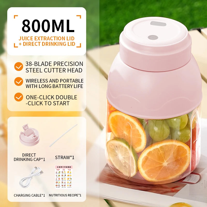 Portable Electric Citrus Juicer and Smoothie Blender, 28 Ounce Portable Fresh Juicer with Straw and 2 Lids, Mini Fruit Blender