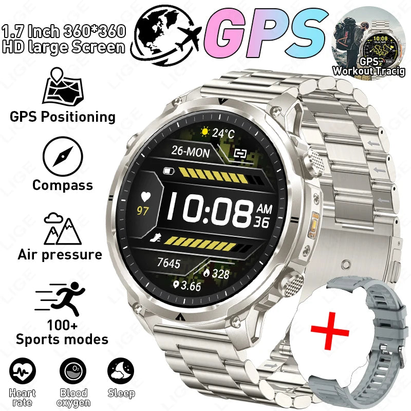 LIGE 2026 Nowy Męski Wojskowy Zegarek Smartwatch GPS Mapa Kompas Pamięć 4GB Bateria 1000mAh Wodoodporność 10ATM Rozmowy Bluetooth HD