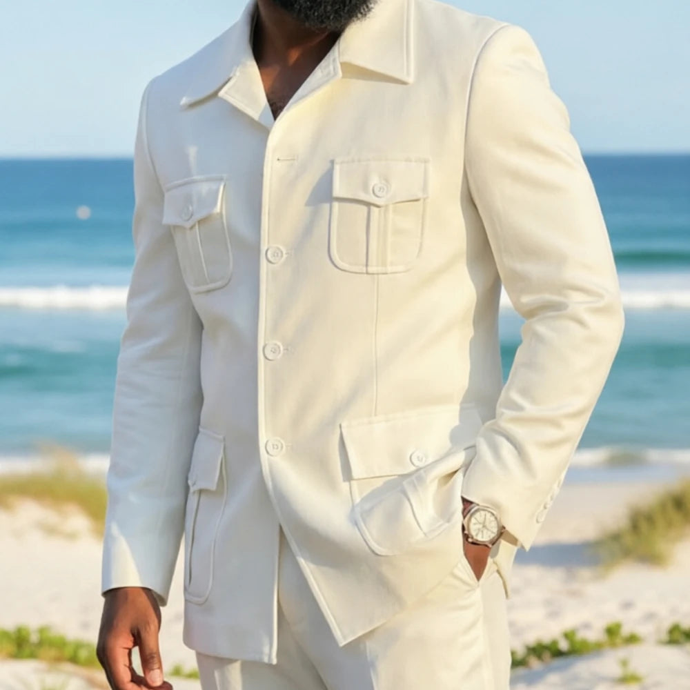 White Safari Men Suits with Structured Pocket Design Slim Fit 2 Pieces Man Fashion Blazer with Pants for Weekend Getaway Suit