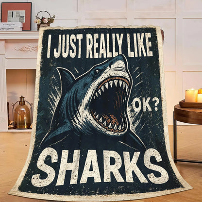 Vintage Grunge Great White Shark Letter Print Flannel Throw Blanket, Soft Warm Sofa Cover, Ocean Gift For Bedroom Daily Rest Use